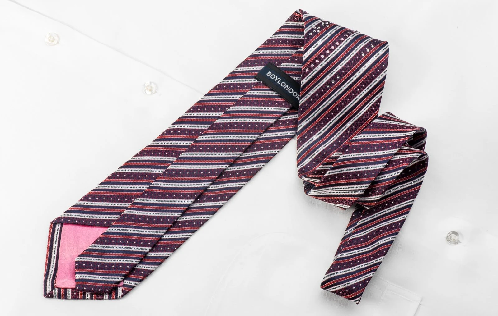 Boy London Men's Crystal Rhinestone Necktie Blue Silver Red Striped With Sparkles - Image 4