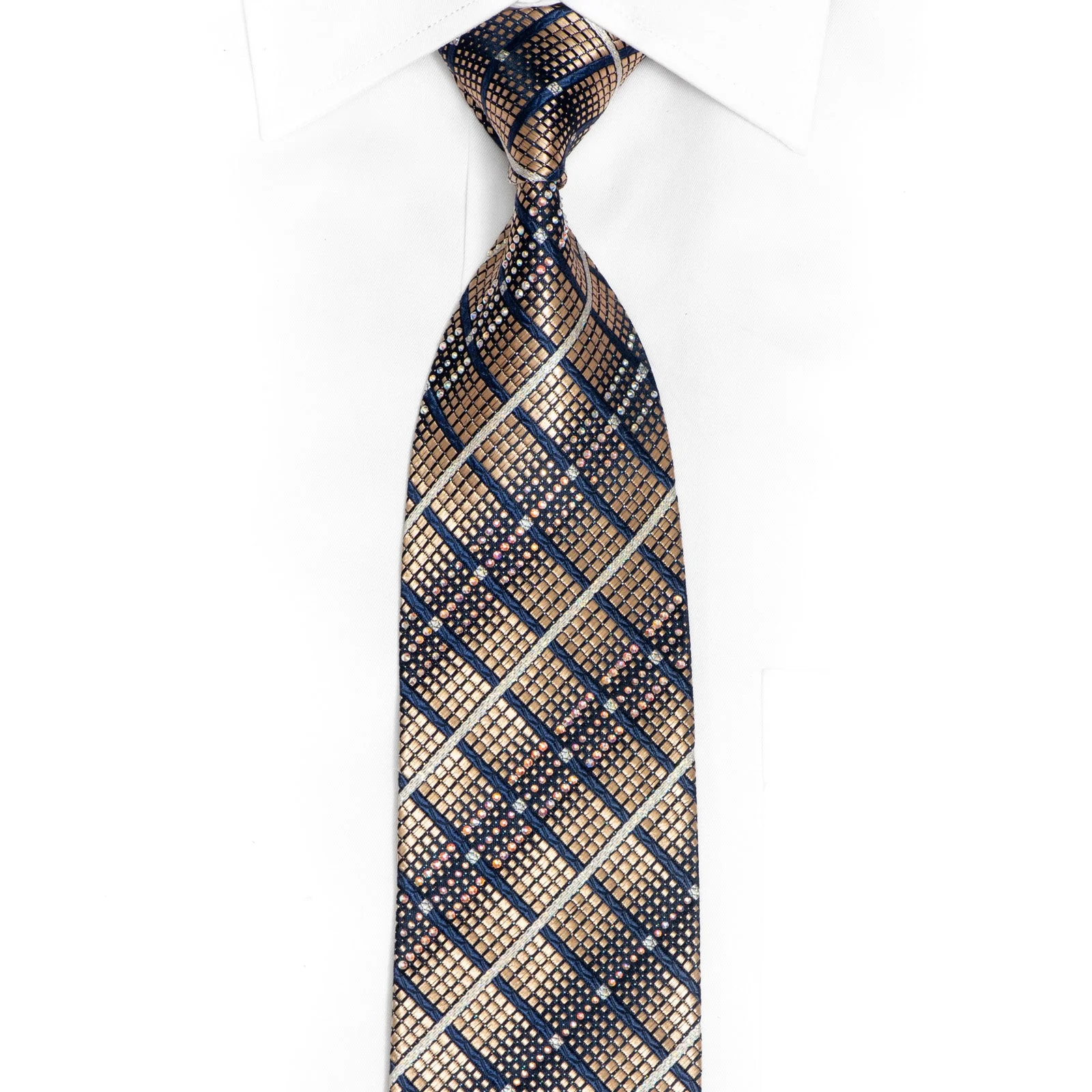 Bronze Blue Silver Striped Rhinestone Tie With Silver Sparkles