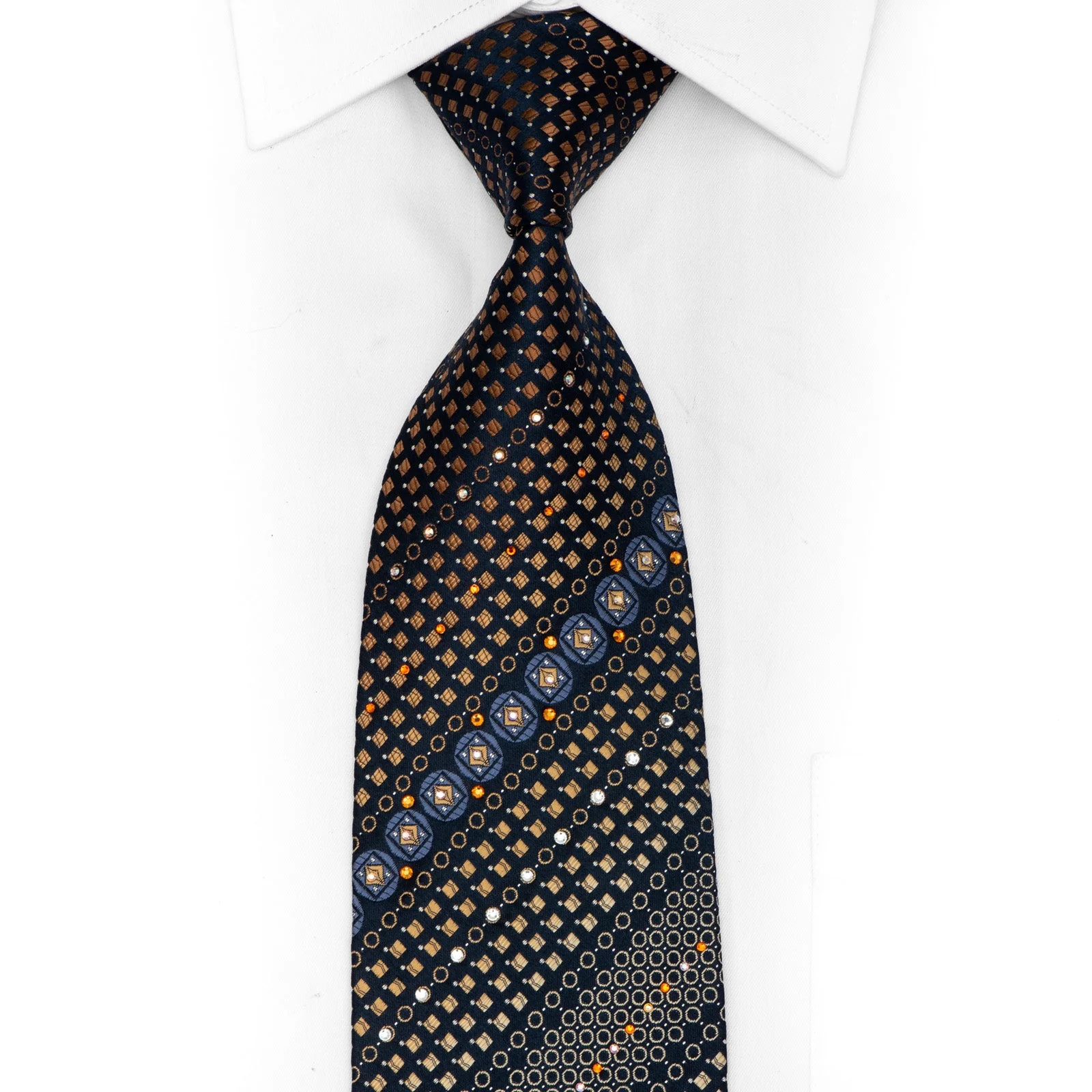 Brown Blue Geometric On Navy Rhinestone Silk Tie With Silver Sparkles