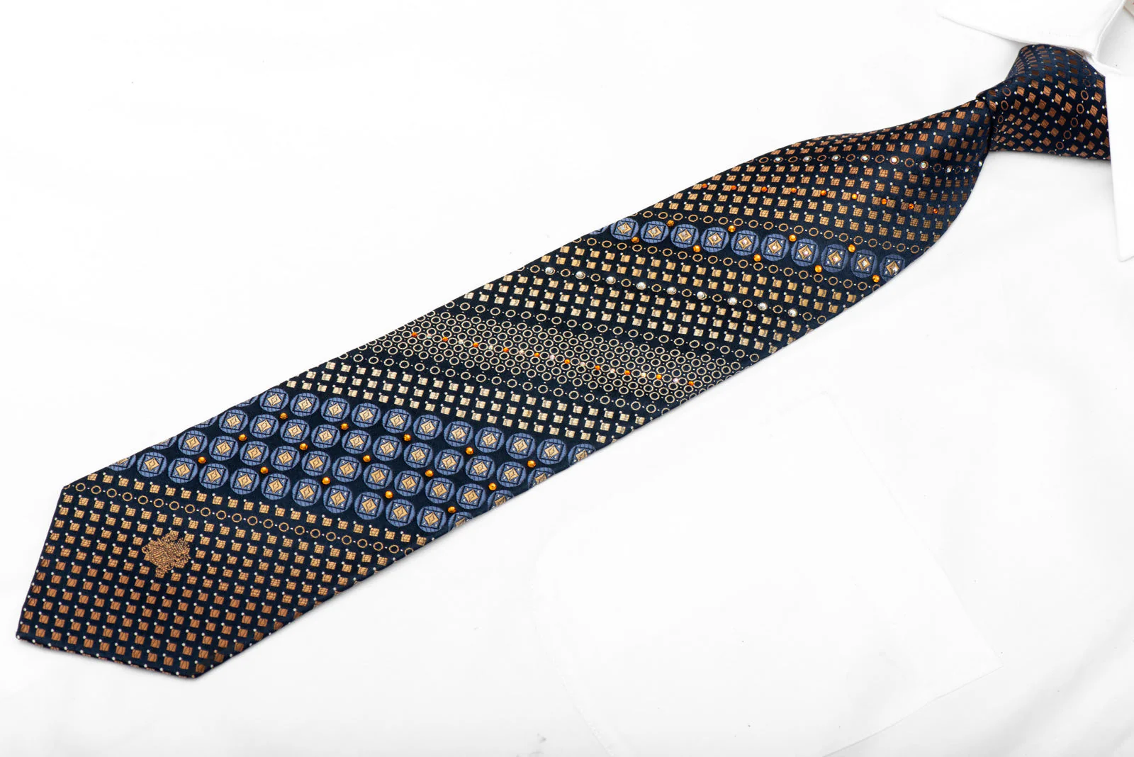 Brown Blue Geometric On Navy Rhinestone Silk Tie With Silver Sparkles - Image 2