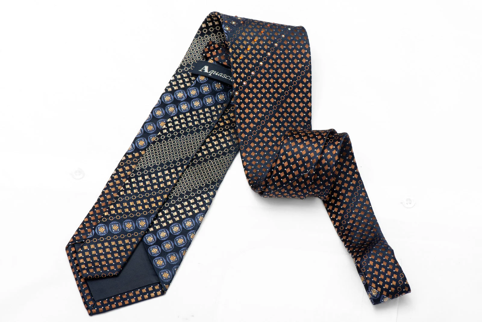 Brown Blue Geometric On Navy Rhinestone Silk Tie With Silver Sparkles - Image 3