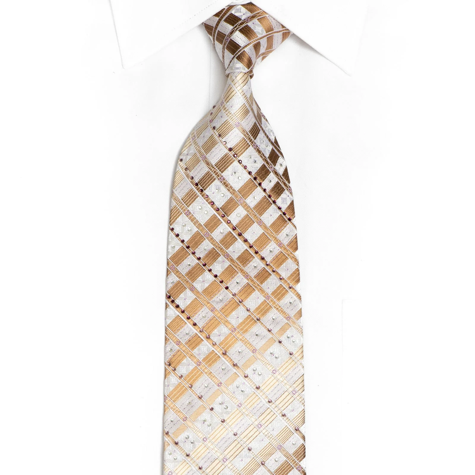 Brown Hatch Striped On Cream Rhinestone Silk Tie With Purple Sparkles
