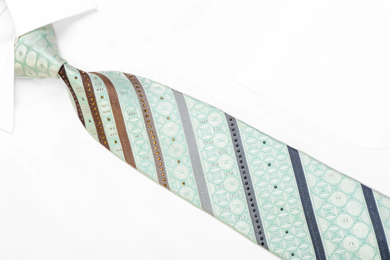 Brown Silver Striped On Pale Green Rhinestone Silk Tie With Sparkles - Image 2