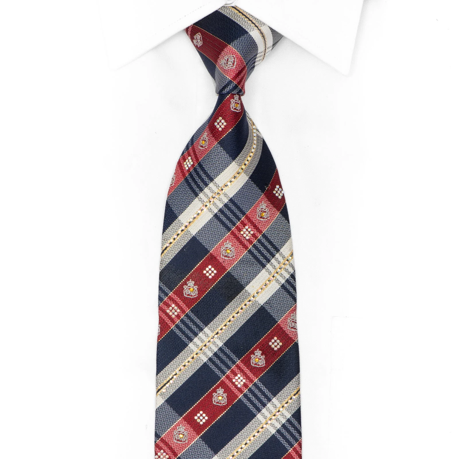 Burgundy Blue Silver Plaid Rhinestone Silk Tie With Gold Sparkles