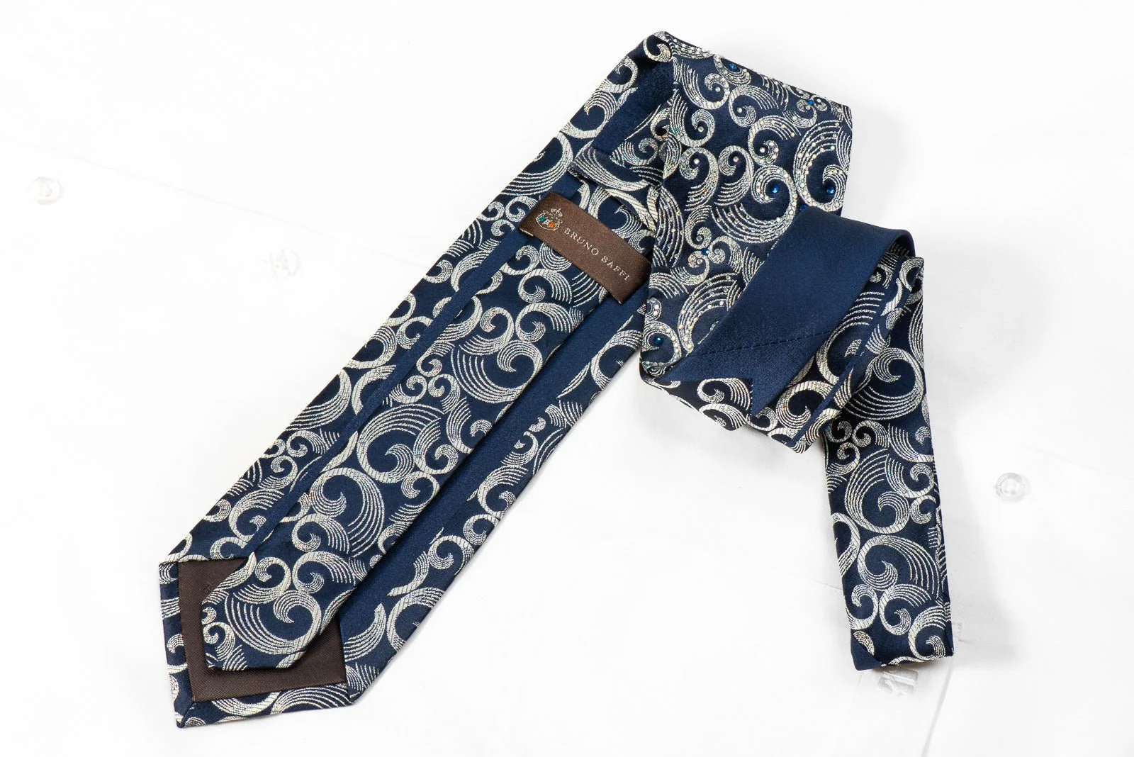 Crystal Rhinestone Necktie Silver Scrolls On Blue With Silver Sparkles - Image 5