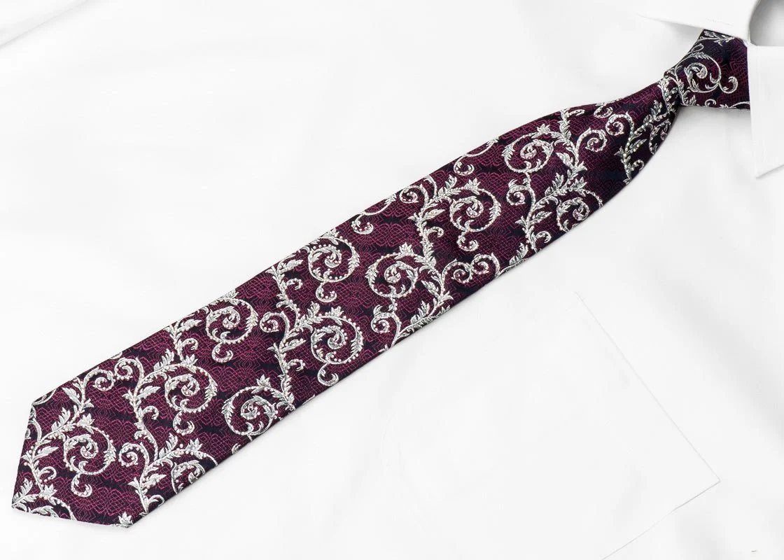 Bruno Baffi Men's Crystal Silk Necktie Silver Acanthus Purple Trellis On Navy With Silver Sparkles - Image 3