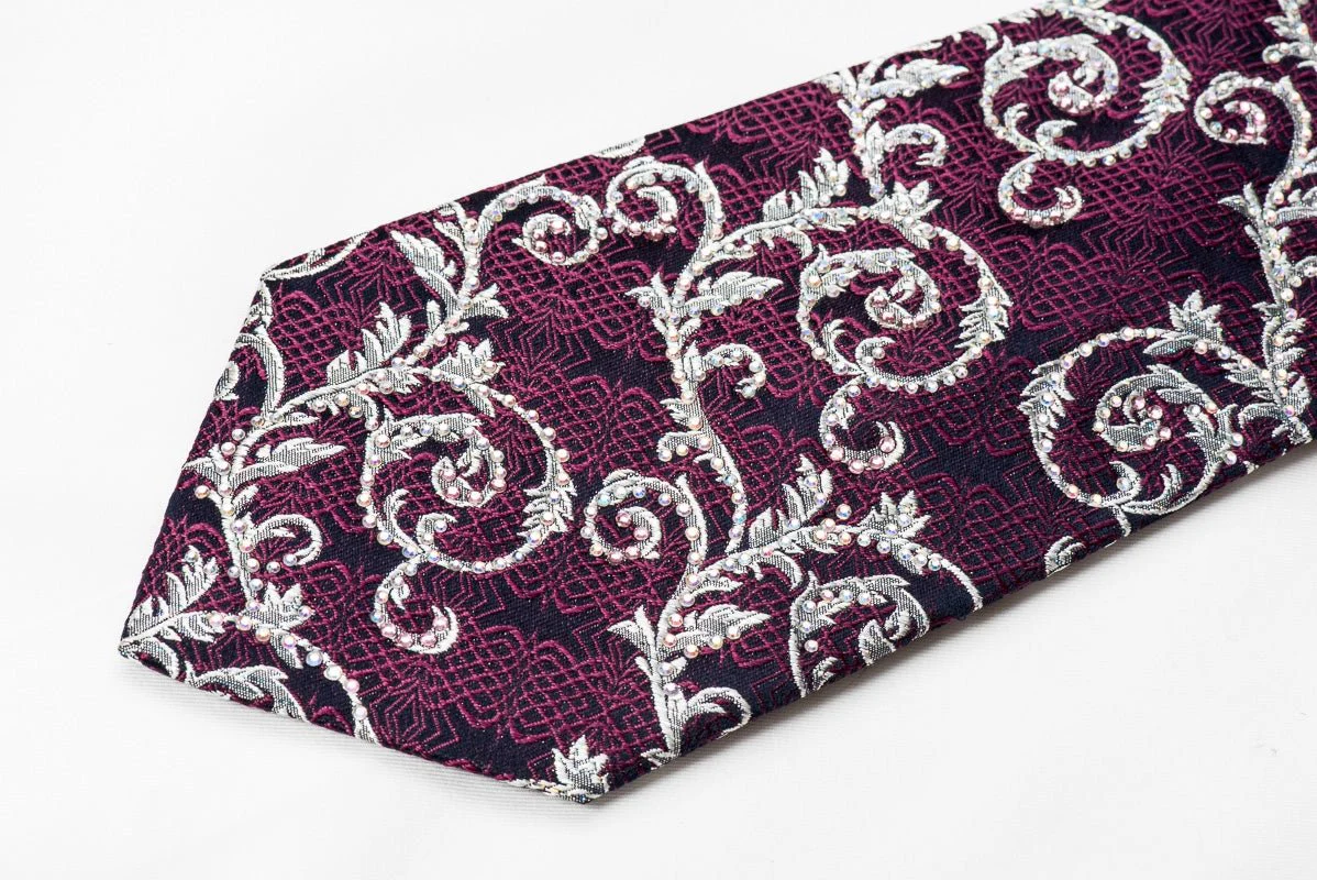 Bruno Baffi Men's Crystal Silk Necktie Silver Acanthus Purple Trellis On Navy With Silver Sparkles - Image 4
