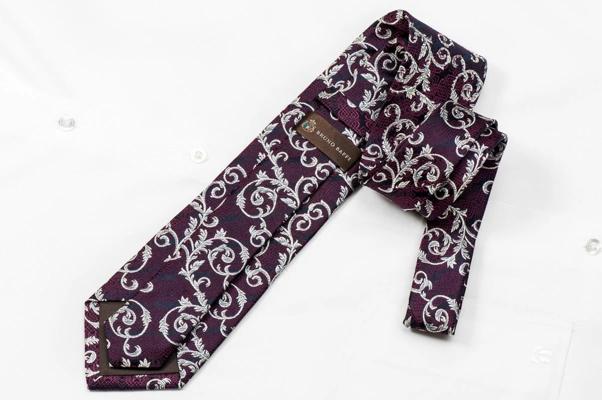 Bruno Baffi Men's Crystal Silk Necktie Silver Acanthus Purple Trellis On Navy With Silver Sparkles - Image 5
