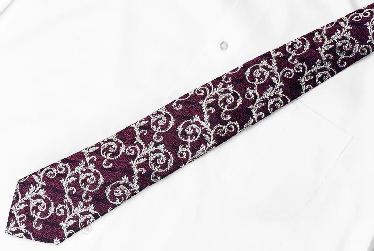 Bruno Baffi Men's Crystal Silk Necktie Silver Acanthus Purple Trellis On Navy With Silver Sparkles - Image 6