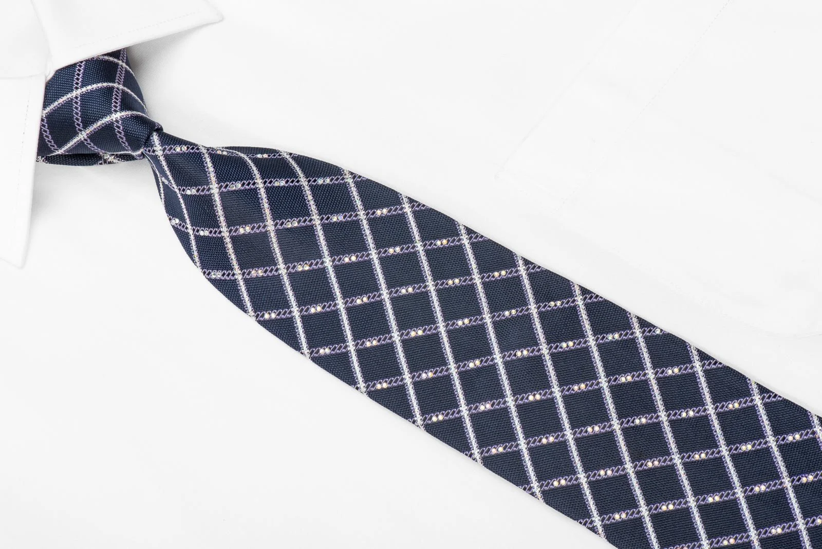 Bruno Baffi Men's Crystal Silk Necktie Silver Striped Checker On Blue With Silver Sparkles - Image 3
