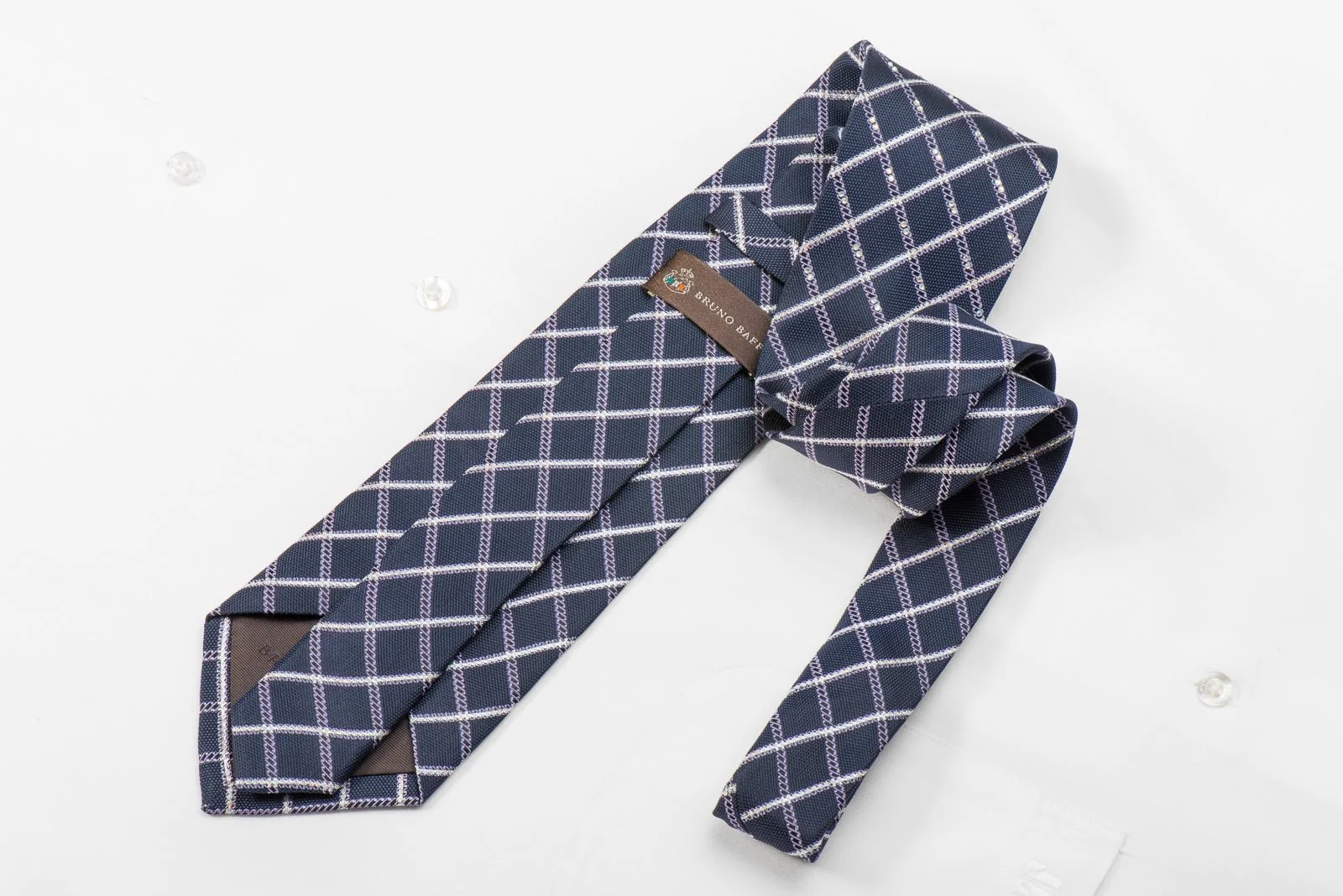 Bruno Baffi Men's Crystal Silk Necktie Silver Striped Checker On Blue With Silver Sparkles - Image 4