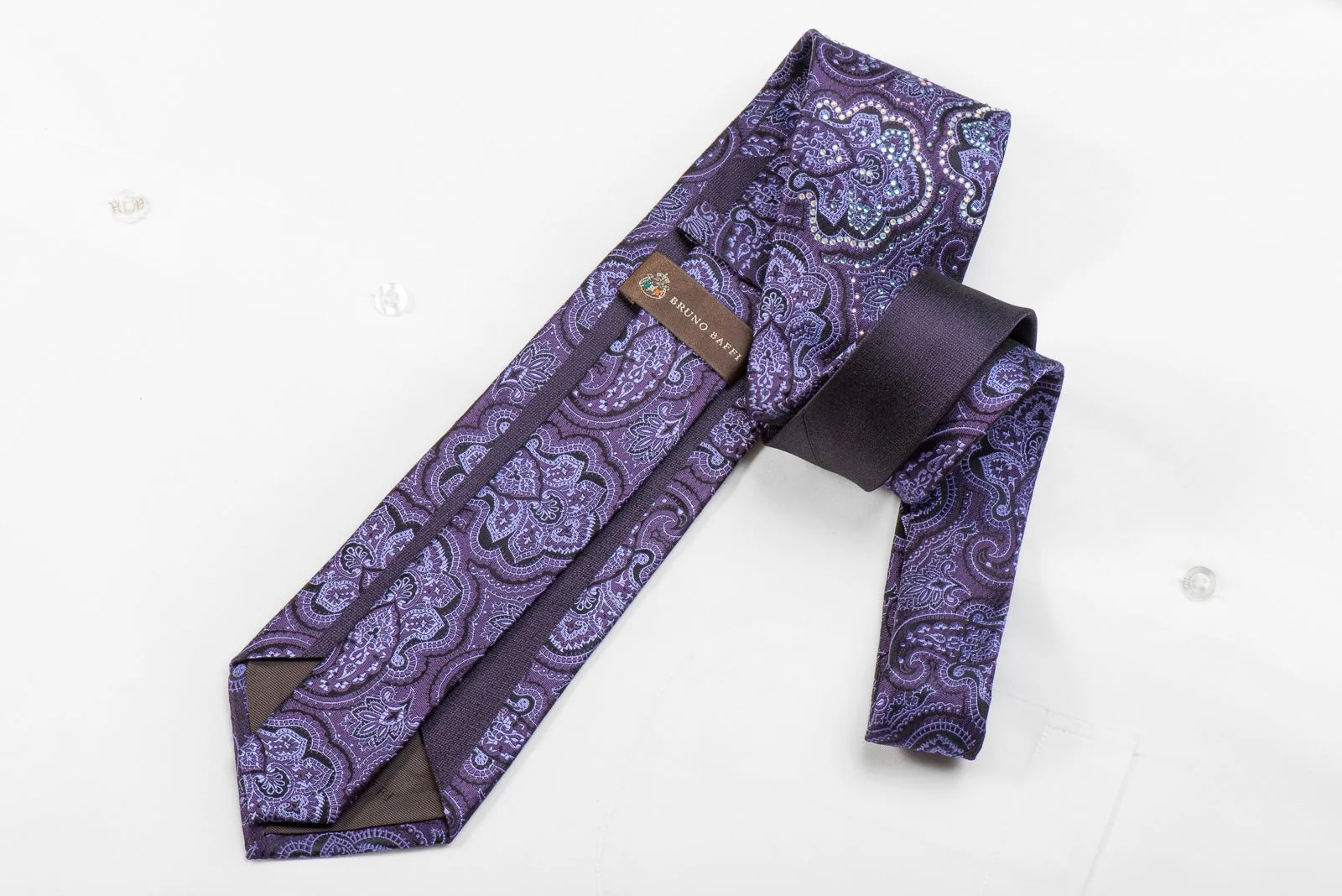 Crystal Silk Tie Anthemion Paisley On Purple With Rhinestones - Image 3