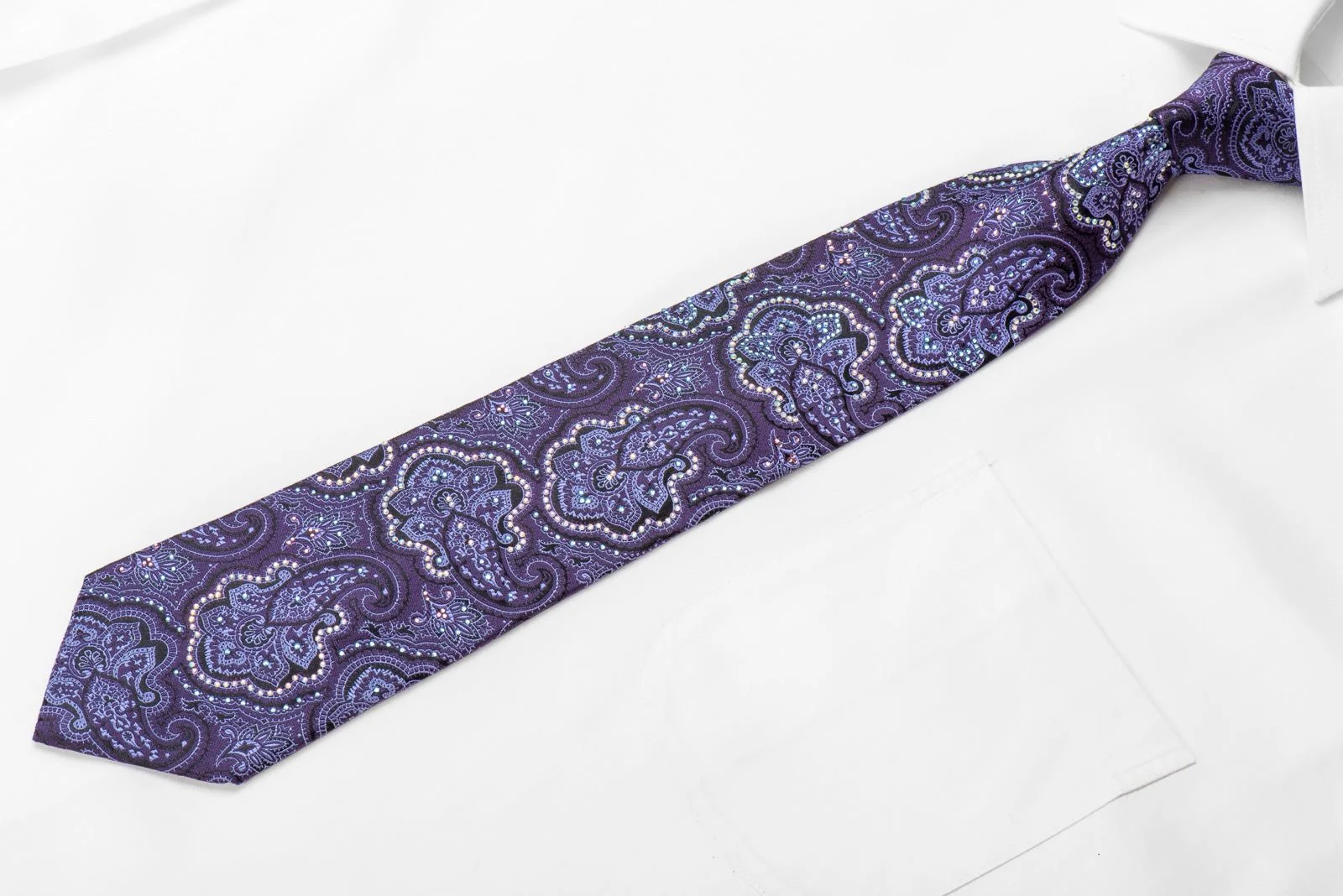 Crystal Silk Tie Anthemion Paisley On Purple With Rhinestones - Image 4
