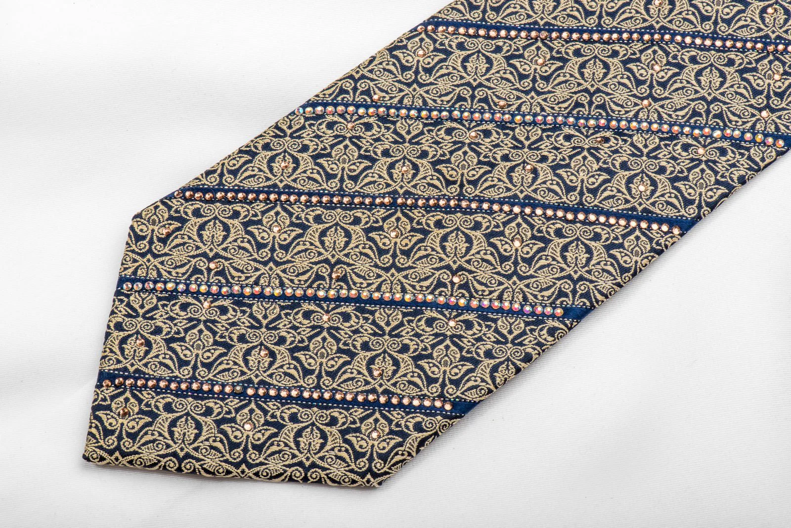 Mens Silk Tie Gold Cartouche On Navy Rhinestone Necktie - Image 3