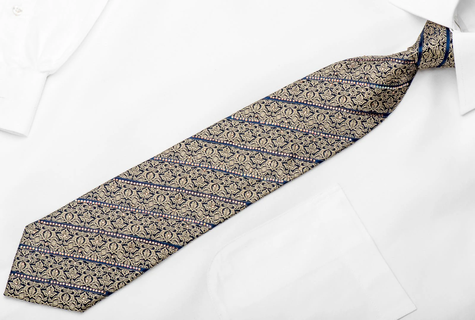 Mens Silk Tie Gold Cartouche On Navy Rhinestone Necktie - Image 4