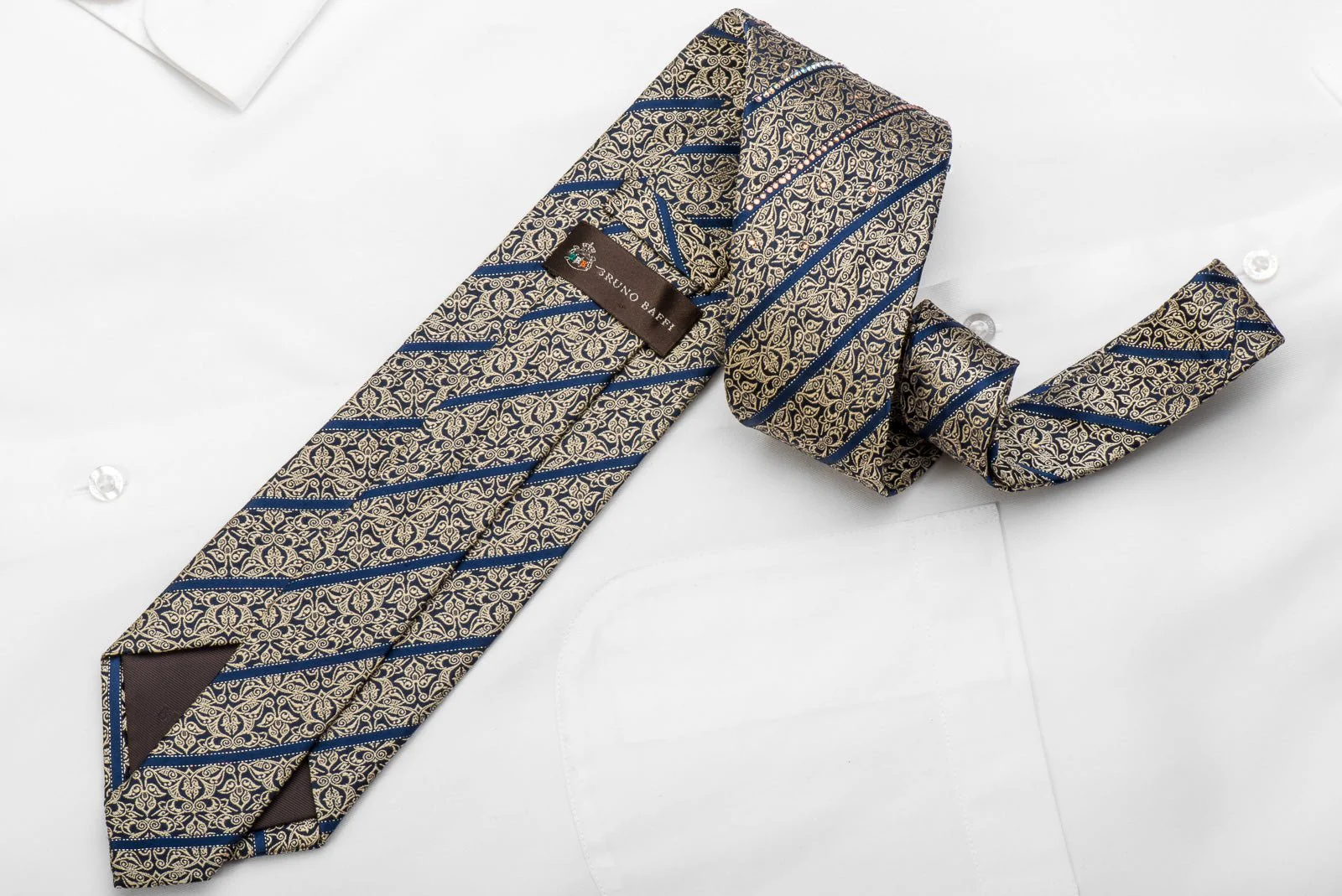 Mens Silk Tie Gold Cartouche On Navy Rhinestone Necktie - Image 5