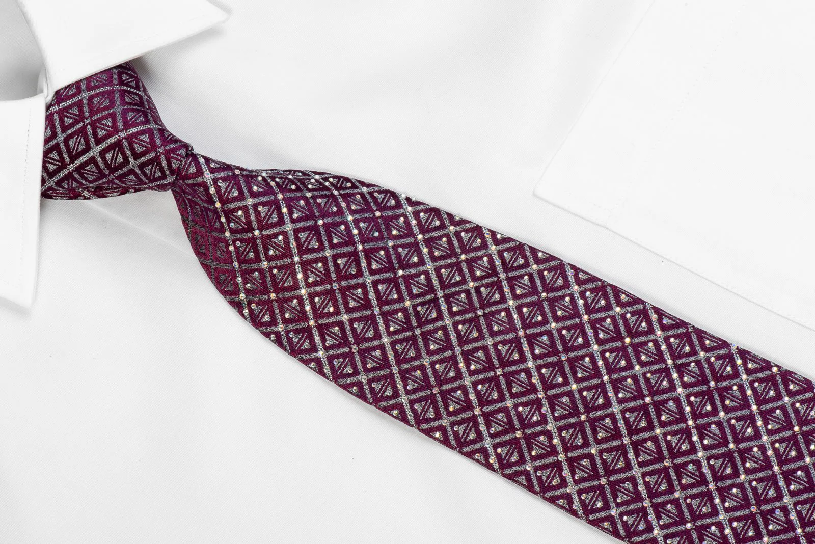 Bruno Baffi Men's Rhinestone Silk Necktie Purple Silver Geometric With Sparkles - Image 2