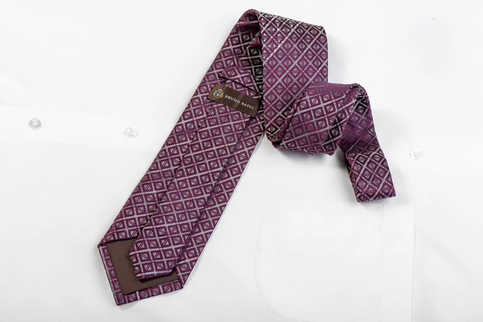 Bruno Baffi Men's Rhinestone Silk Necktie Purple Silver Geometric With Sparkles - Image 5