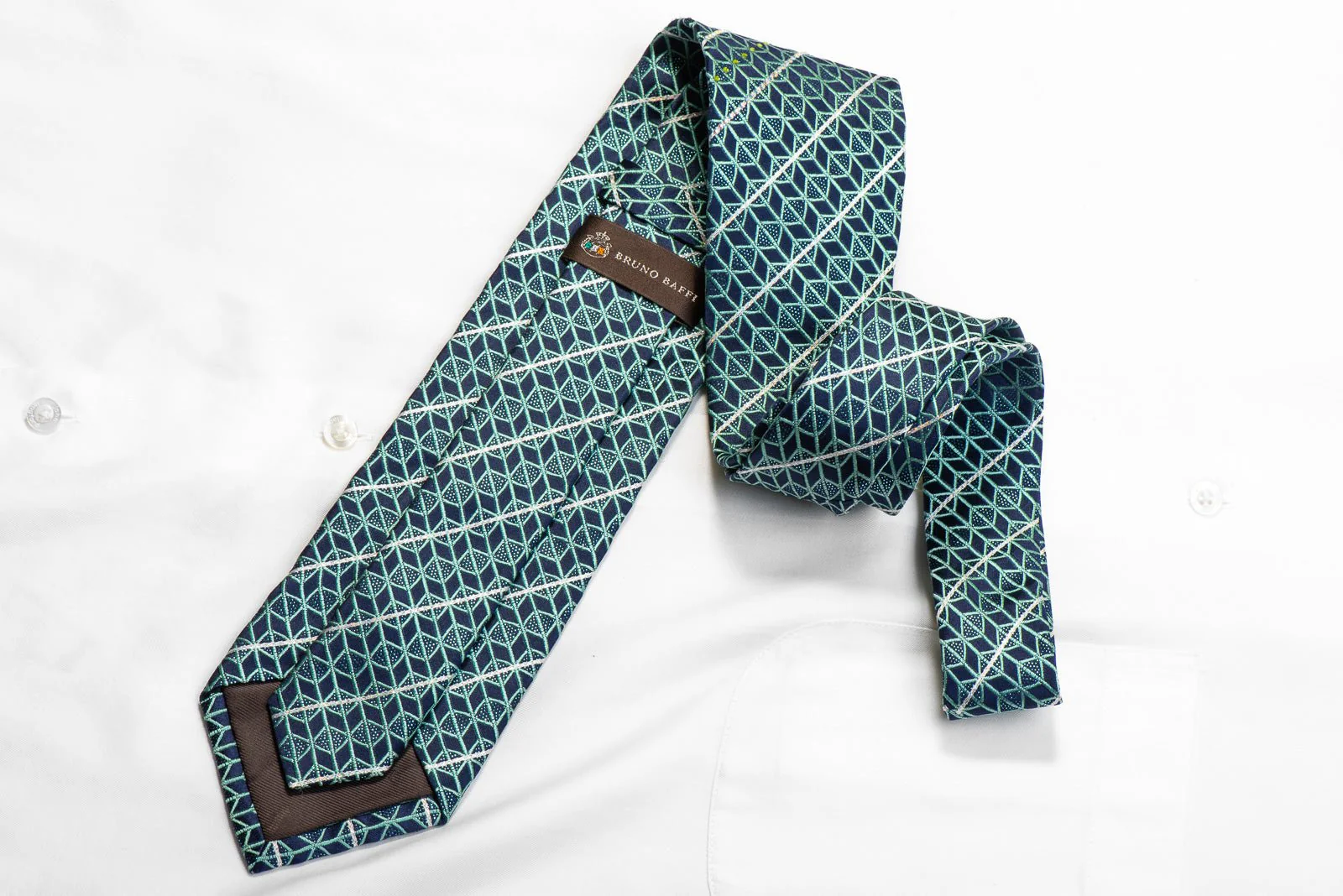 Teal Geometric Trellis On Navy Men's Rhinestone Silk Tie With Blue Sparkles - Image 5