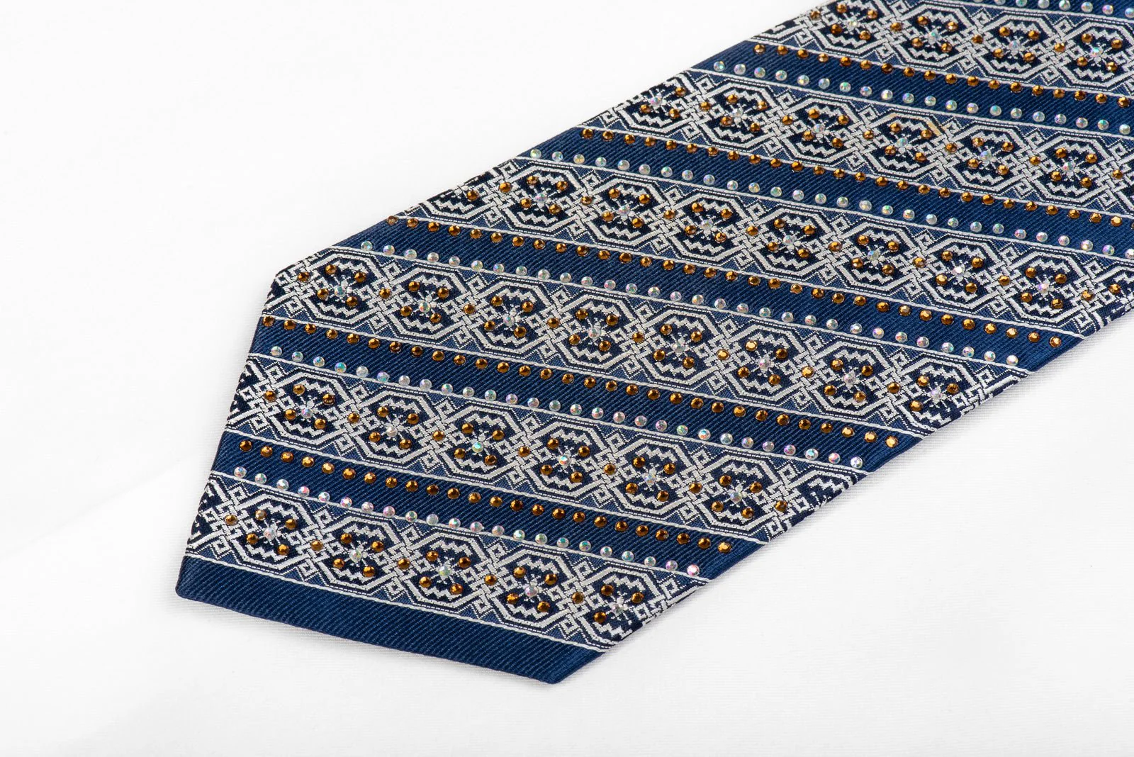 Silver Meander Striped On Blue Silk Necktie With Crystal Rhinestones - Image 3