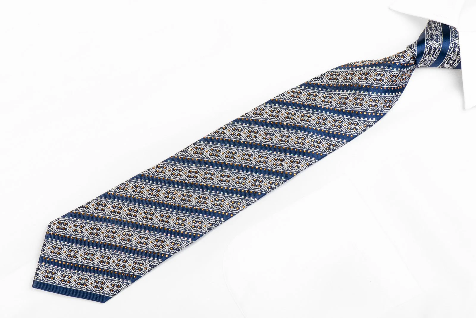 Silver Meander Striped On Blue Silk Necktie With Crystal Rhinestones - Image 4