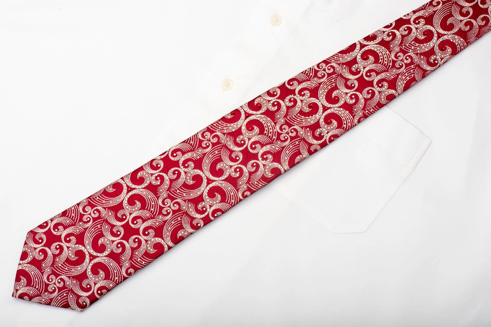 Bruno Baffi Men's Silk Tie Silver Scrolls On Red Sparkling With Rhinestones - Image 4