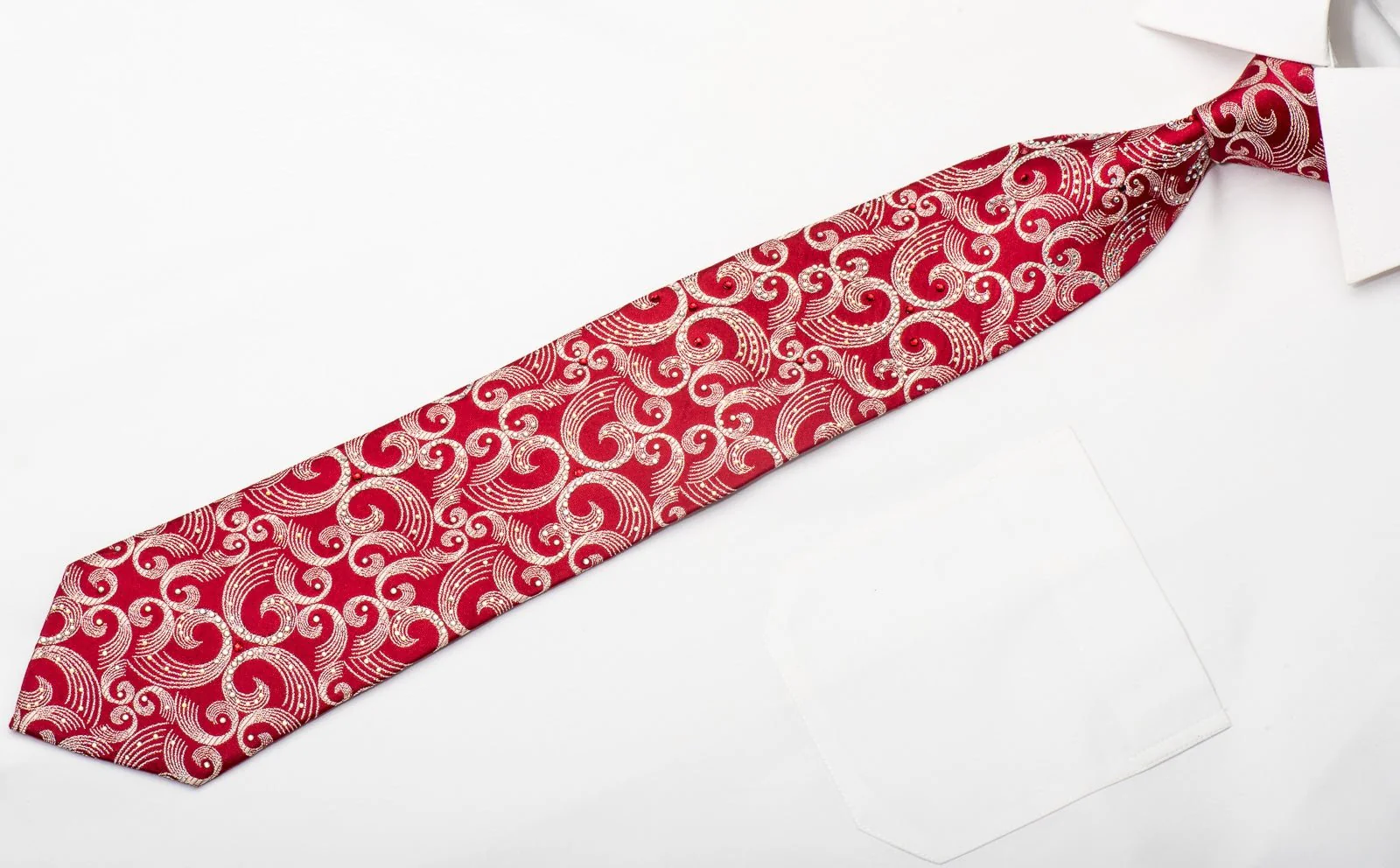 Bruno Baffi Men's Silk Tie Silver Scrolls On Red Sparkling With Rhinestones - Image 5