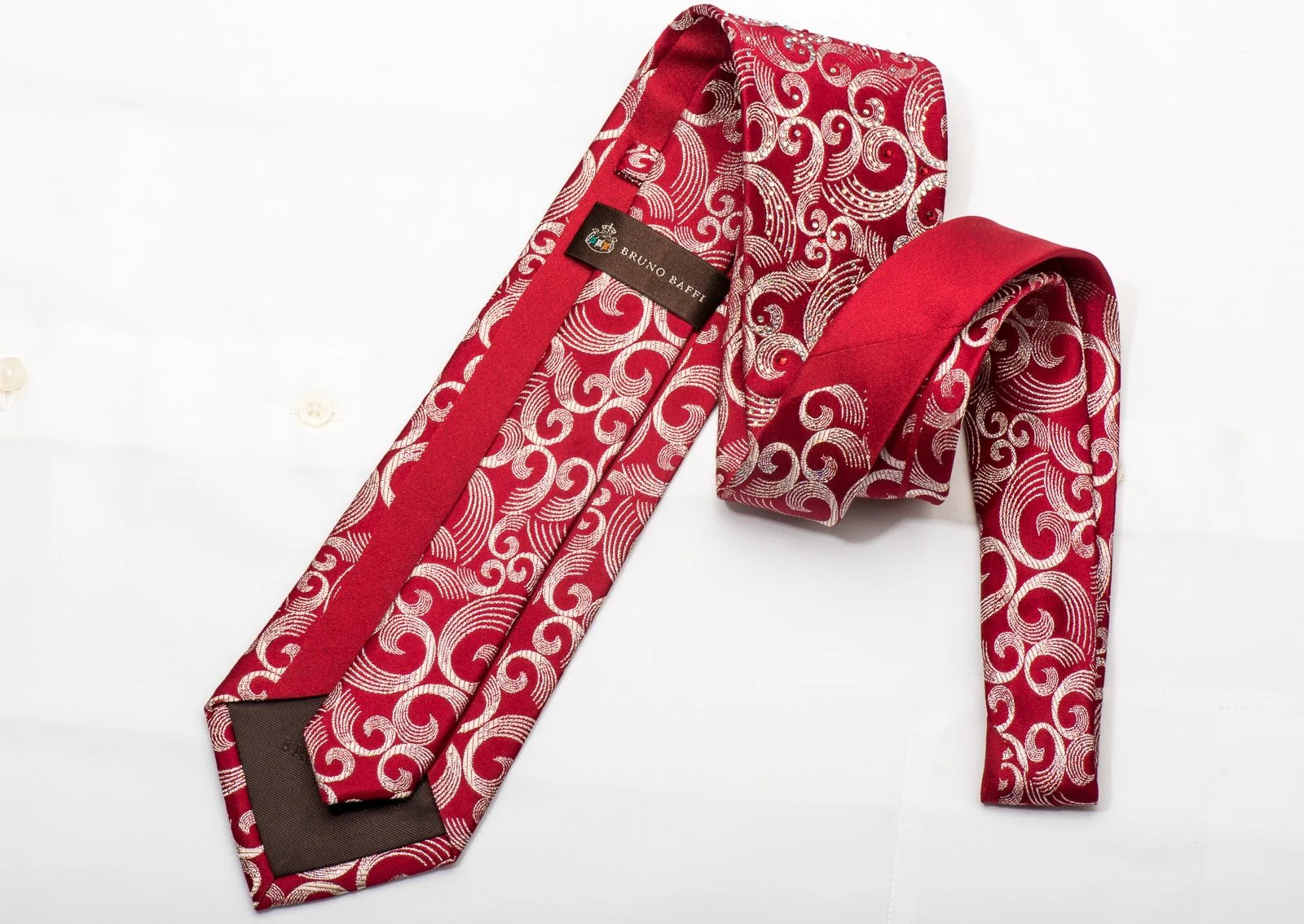 Bruno Baffi Men's Silk Tie Silver Scrolls On Red Sparkling With Rhinestones - Image 6