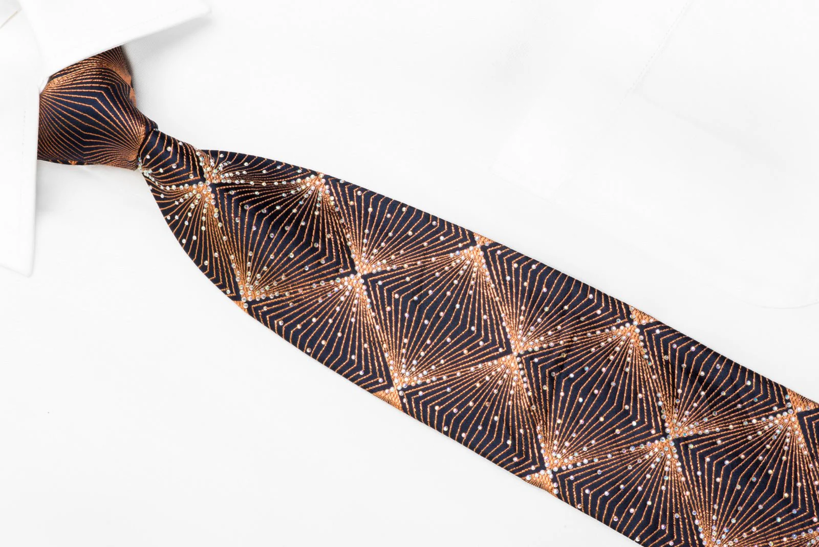 Bruno Baffi Rhinestone Silk Necktie Copper Geometric Trellis On Navy With Sparkles - Image 2