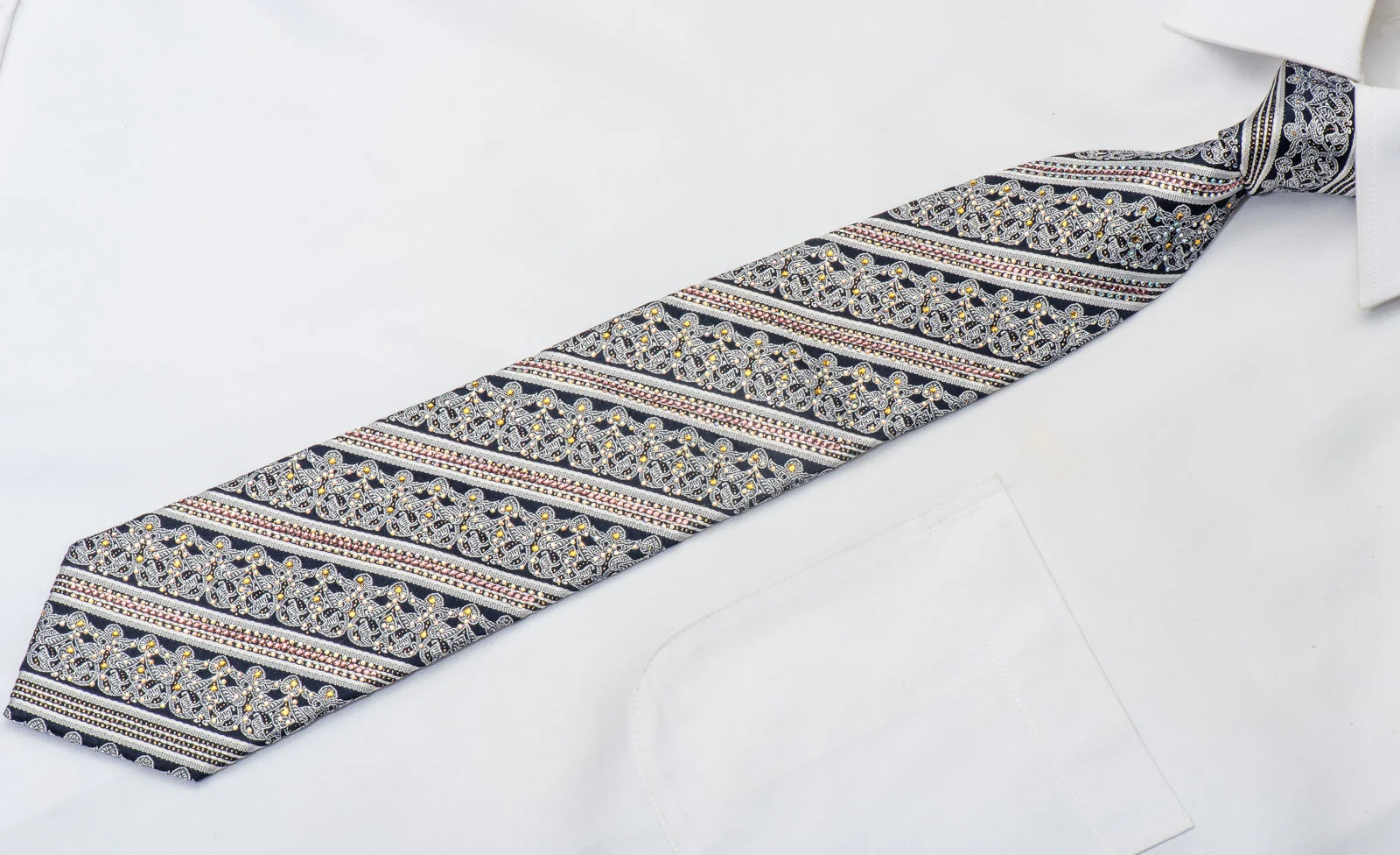 Silver Cartouche & Stripes On Navy Rhinestone Silk Necktie With Gold Sparkles - Image 4