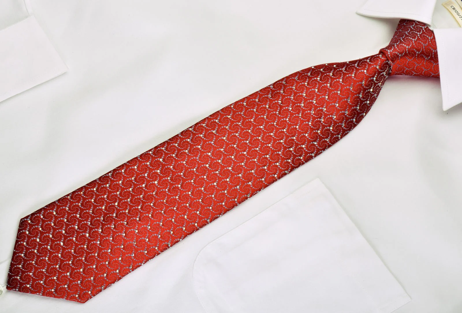 Silver Geometric On Red With Silver Sparkles Rhinestone Silk Necktie - Image 3