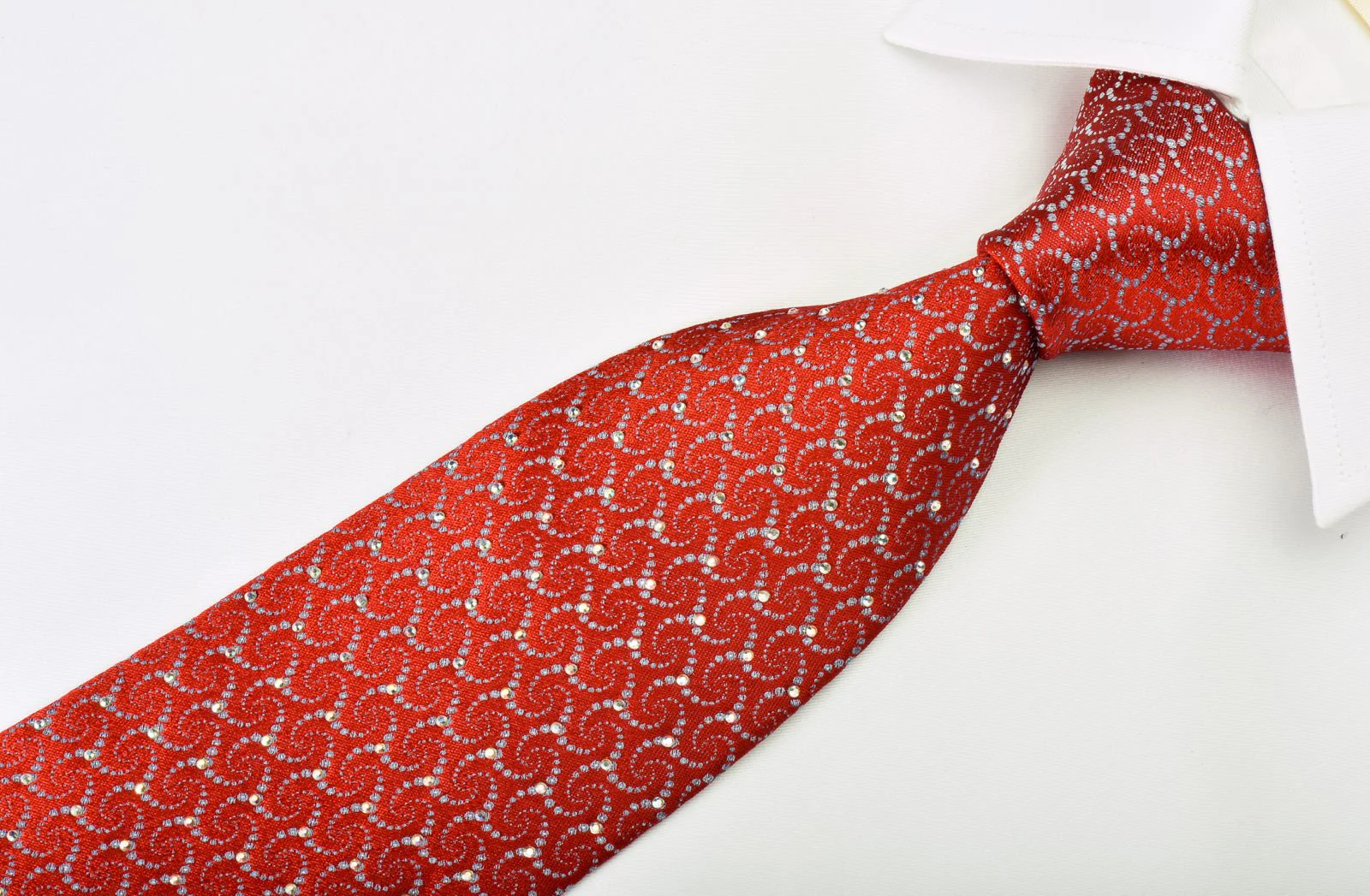 Silver Geometric On Red With Silver Sparkles Rhinestone Silk Necktie - Image 5