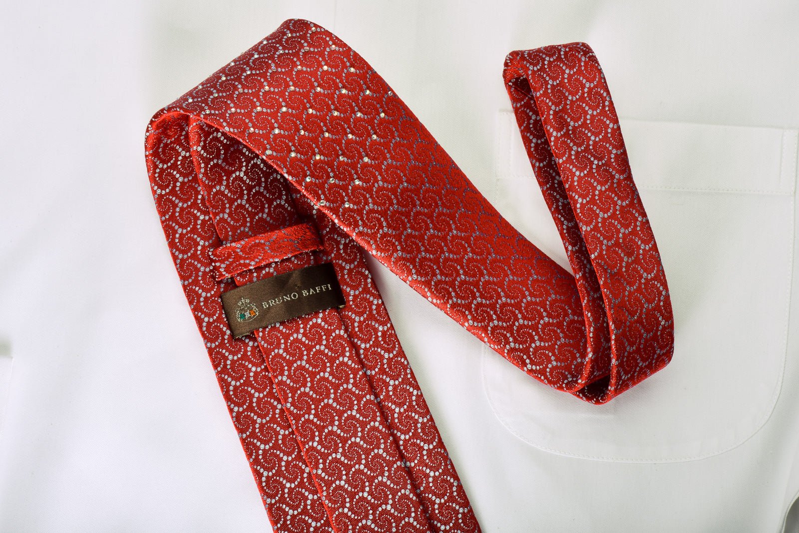 Silver Geometric On Red With Silver Sparkles Rhinestone Silk Necktie - Image 6