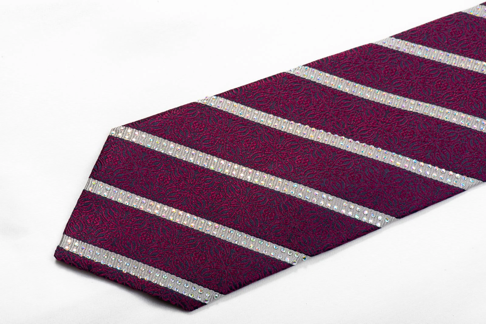 Silver Striped Purple Cartouche On Navy Rhinestone Silk Necktie - Image 3