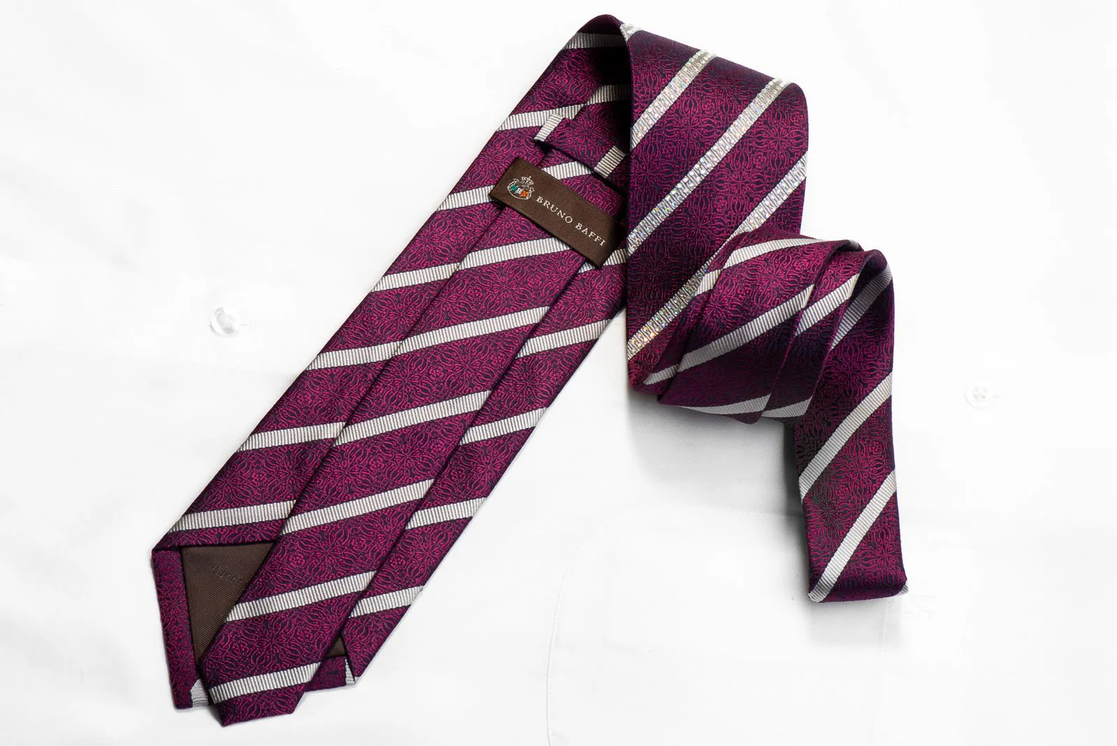 Silver Striped Purple Cartouche On Navy Rhinestone Silk Necktie - Image 5
