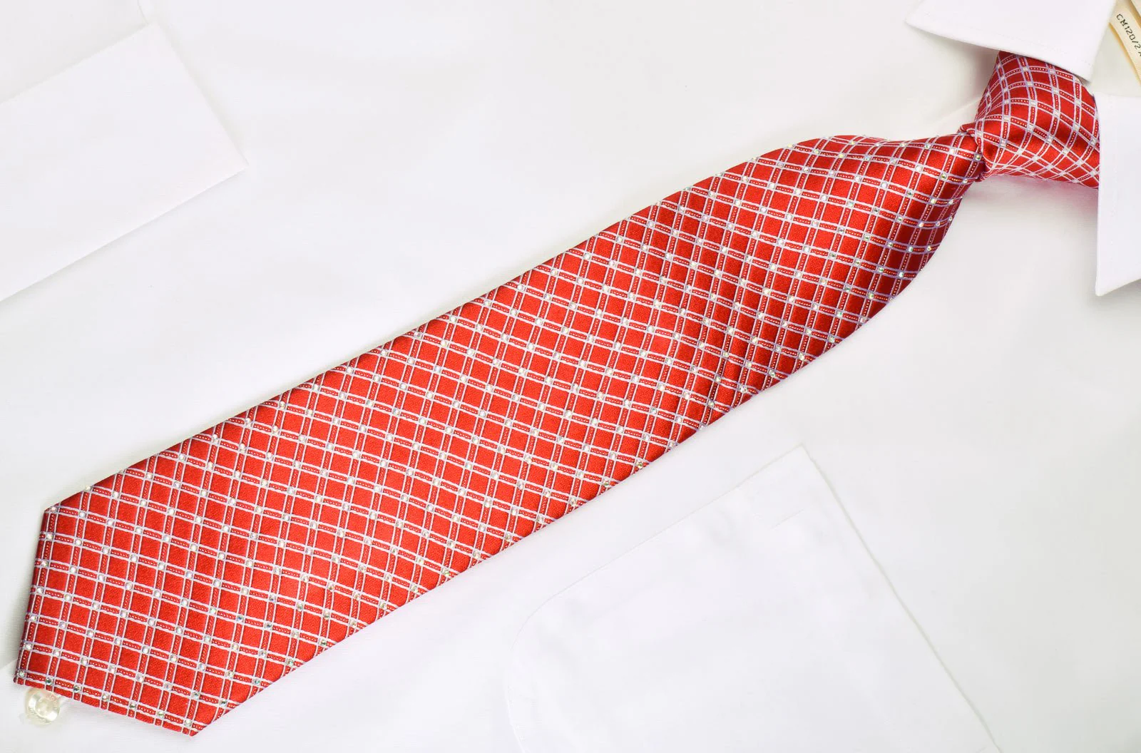 Bruno Baffi Rhinestone Silk Tie Silver Trellis On Red With Silver Sparkles - Image 4