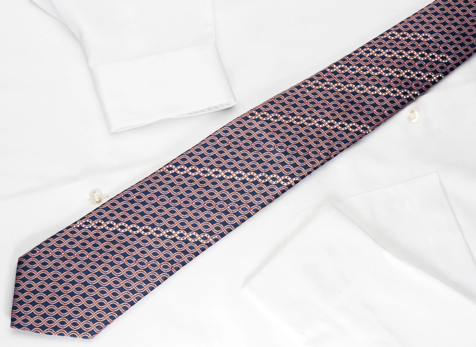 Bruno Baffi Silk Rhinestone Necktie Pink Waves On Blue With Silver Sparkles - Image 6