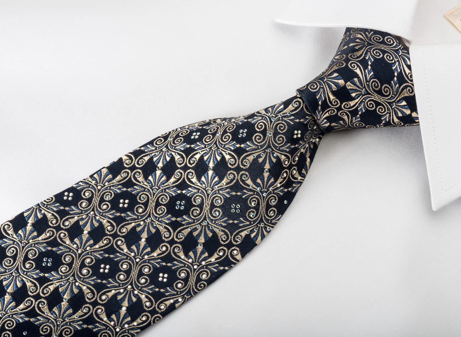 Gold Anthemion On Navy With Rhinestones Silk Necktie - Image 5