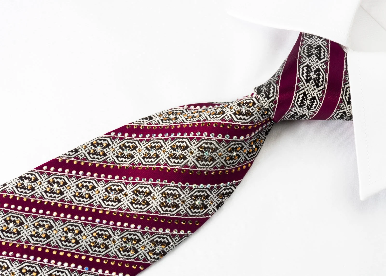 Silver Striped Geometric On Burgundy With Crystal Rhinestone - Image 4
