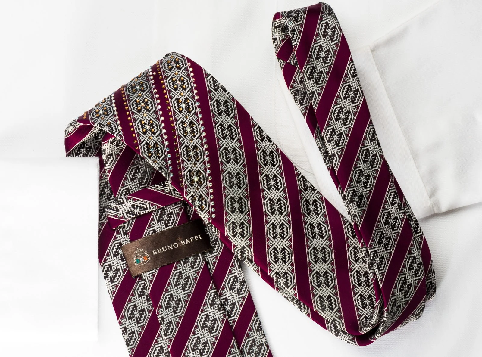 Silver Striped Geometric On Burgundy With Crystal Rhinestone - Image 5