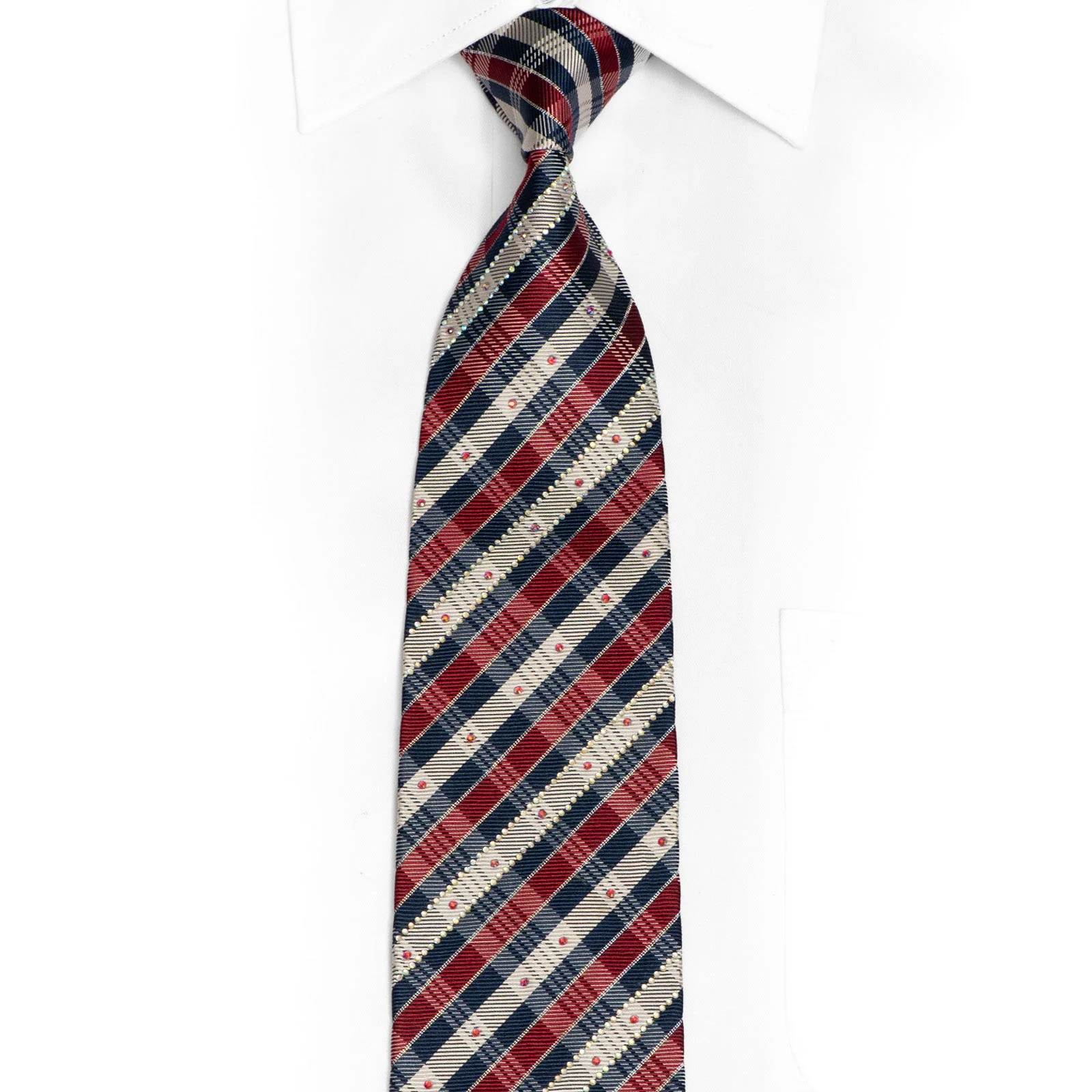 Burgundy Blue Silver Plaid Rhinestone Silk Tie With Silver Sparkles
