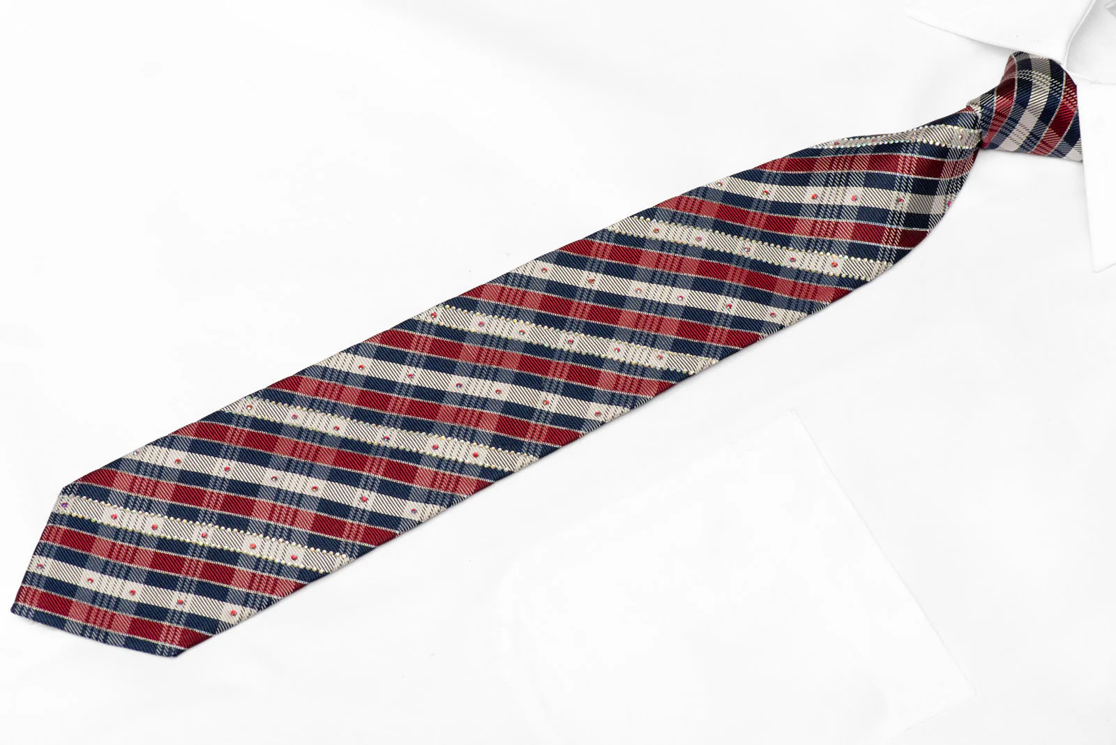 Burgundy Blue Silver Plaid Rhinestone Silk Tie With Silver Sparkles - Image 2