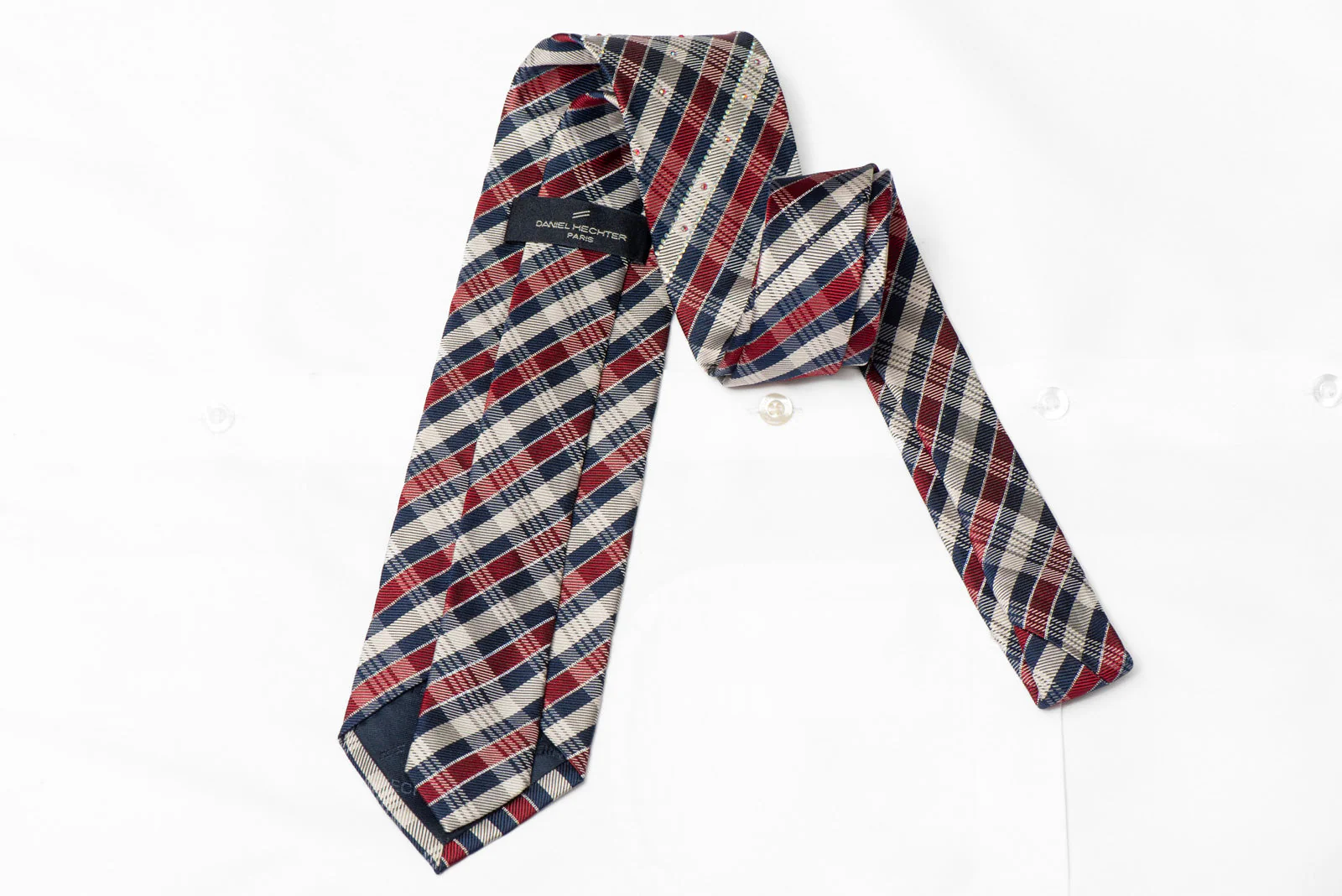 Burgundy Blue Silver Plaid Rhinestone Silk Tie With Silver Sparkles - Image 3