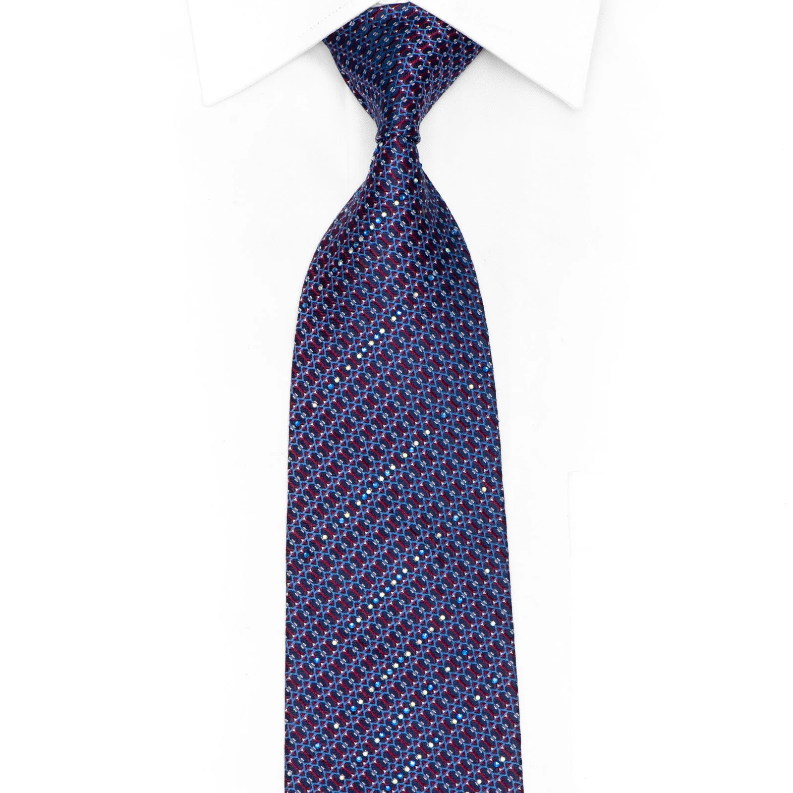 Burgundy Blue Trellis On Navy Silk Tie With Blue & White Rhinestones