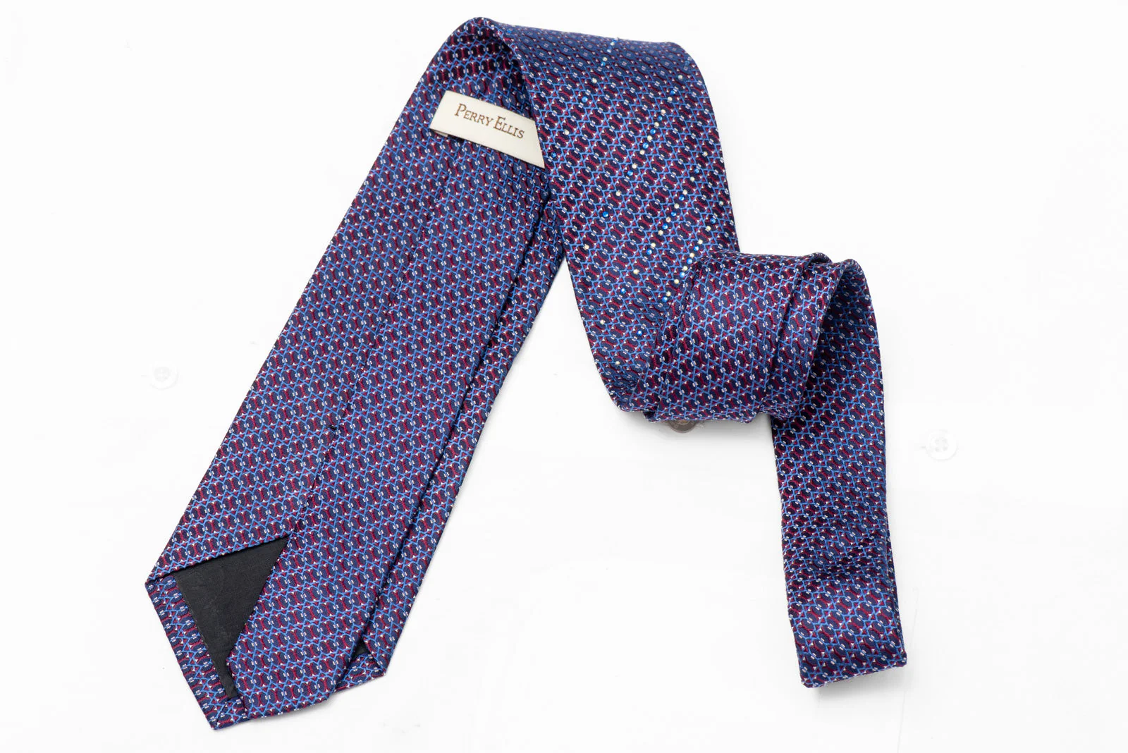 Burgundy Blue Trellis On Navy Silk Tie With Blue & White Rhinestones - Image 3