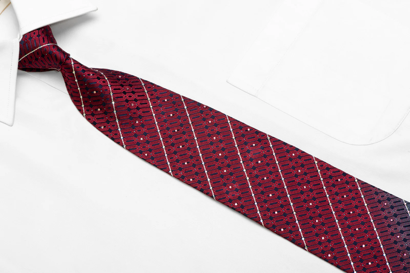 Burgundy Geometric Striped On Navy Rhinestone Silk Necktie With Silver Sparkles - Image 2