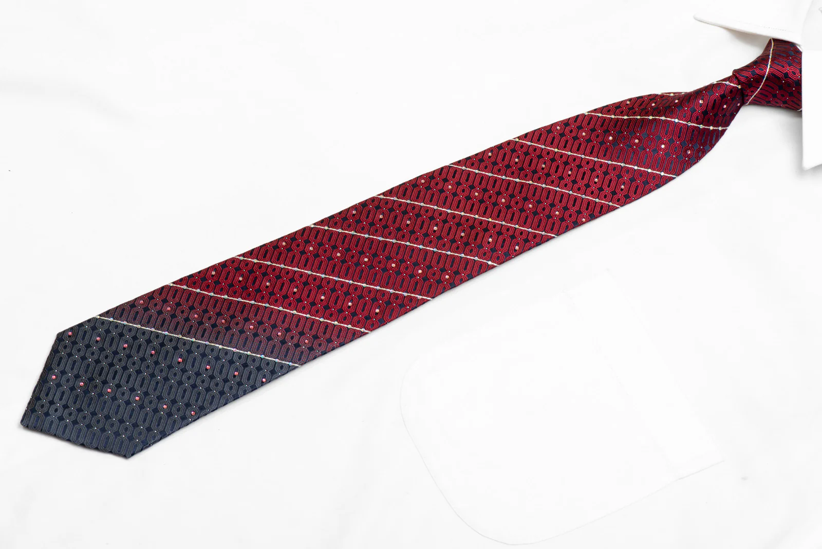 Burgundy Geometric Striped On Navy Rhinestone Silk Necktie With Silver Sparkles - Image 3