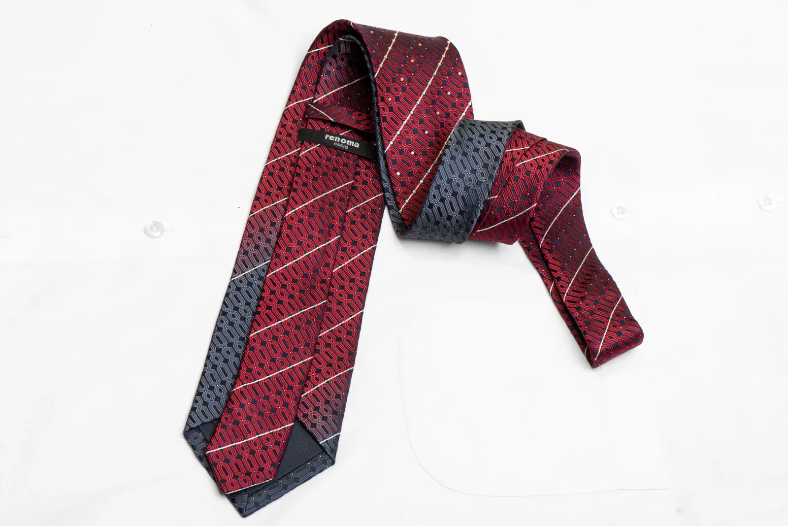 Burgundy Geometric Striped On Navy Rhinestone Silk Necktie With Silver Sparkles - Image 4