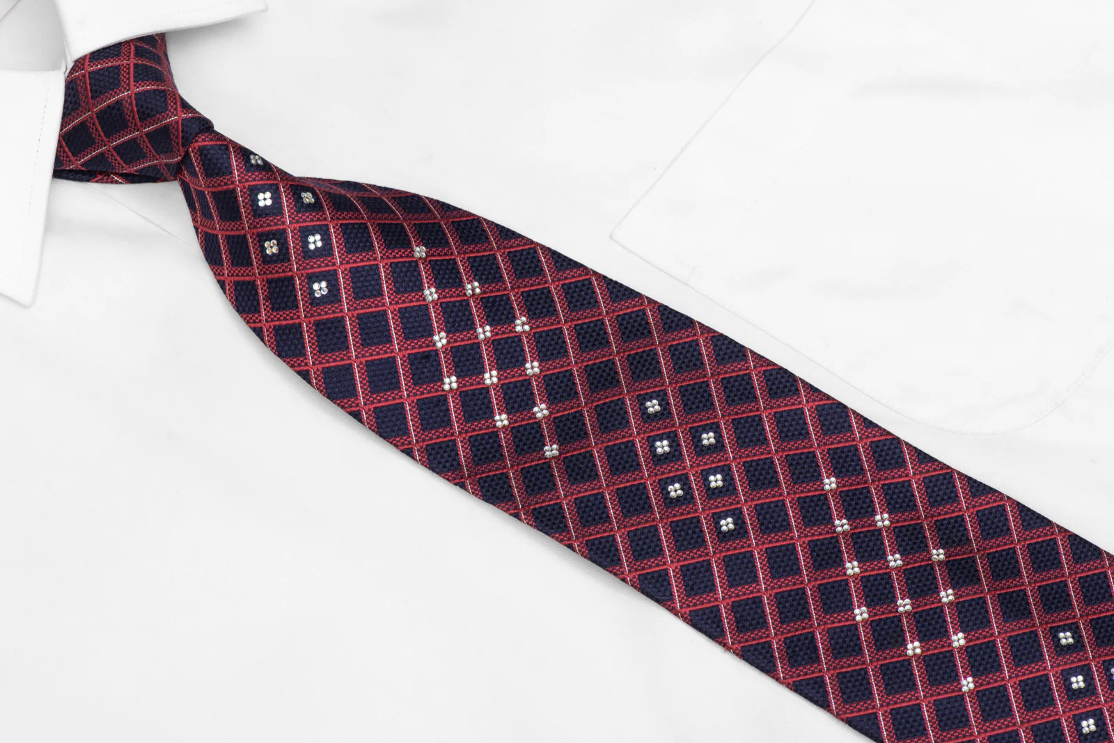 Burgundy Striped On Navy Blue Rhinestone Silk Necktie With Sparkles - Image 2