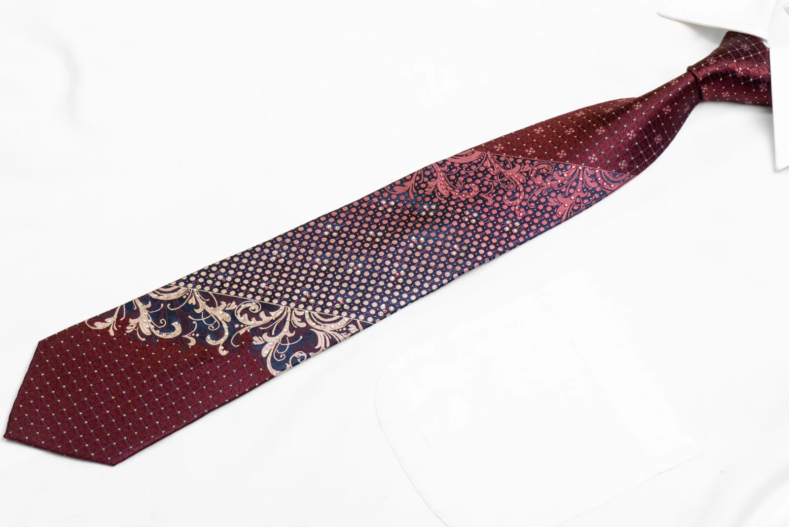 Burgundy Trellis Acanthus Scrolls On Navy Rhinestone Silk Necktie With Gold Sparkles - Image 3
